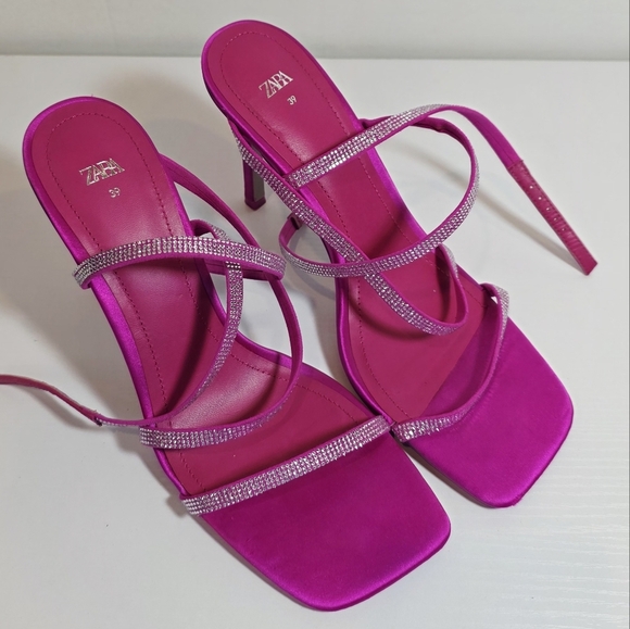 Zara Vibrant Pink Embellished Strappy Heeled Square Toe Sandals Women's Size 39 - Picture 2 of 14
